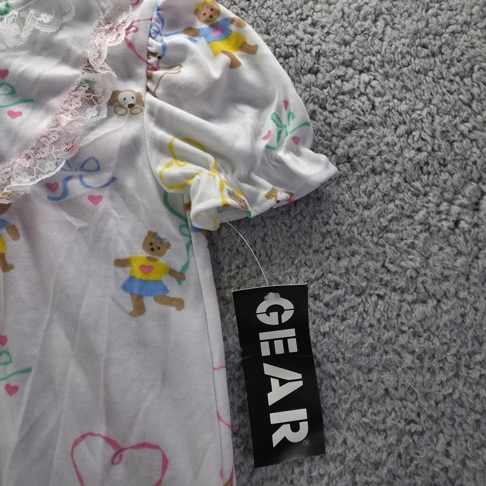 Kid Duds Vintage Girls Nightgown Size 6 White Bear Puppy Lace Ruffle 90s